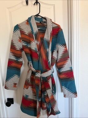 Teal & Rust Aztec Shawl-Collar Trench Coat with Belt
